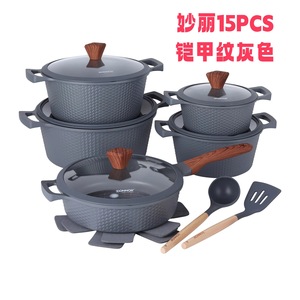 Juego de ollas DONNOR de 15 piezas, color gris, antiadherente, con base de mármol y diseño de armadura, olla de aluminio fundido a presión - Product Image 3
