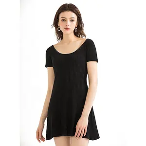 Wholesale ladies knitted one piece dress mini skirt short sleeve round neck knitted one piece dress