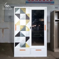 Armoire métallique à portes coulissantes imprimées florales, avec miroir et 2 tiroirs inférieurs, vente en gros d'usine