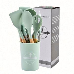Raybin Wholesale 12 Pcs Kitchen Cooking Utensil Set Holder Baking Gadget Nonstick Silicone Spatula <b>Kitchenware</b> With Wood Handle - Product Image 1