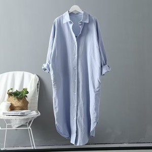 Vestido informal de lino y algodón con cuello de solapa de Color <span class=keywords><strong>s</strong></span>ólido, estilo oscilante, cintura elástica, bolsillo, cintura Natural, camisas de vestir - Product Image 6