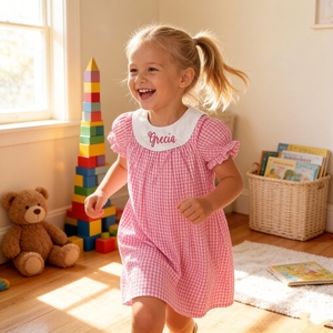 Vestito Rosa in Gingham Intrecciato con Maniche a Sbuffo <span class=keywords><strong>per</strong></span> Bambina, Abito Estivo con Colletto, Vestito da Festa Ricamato <span class=keywords><strong>per</strong></span> Bambina, Vestito <span class=keywords><strong>per</strong></span> il Ritorno a Scuola 2026 - Product Image 1