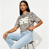 Kaos Crop Top Camo Custom Print Kerah Bulat Lengan Pendek Model Drop Shoulder Vintage Motif Pohon Kamuflase Longgar
