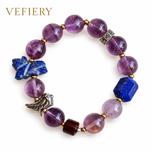 Purple Phantom Quartz <b>Beaded</b> <b>Bracelet</b> with Blue Raw Stone and Geometric Accents - Product Image 1