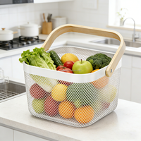 Cestas de Armazenamento de Frutas e Vegetais Modernas e Ecológicas WIREKING, Portáteis, de Metal com Alça de Madeira