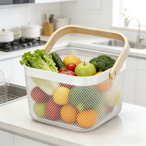 WIREKING Paniers de rangement modernes écologiques pour fruits et légumes, en fil métallique portable avec poignée en bois - Product Image 5