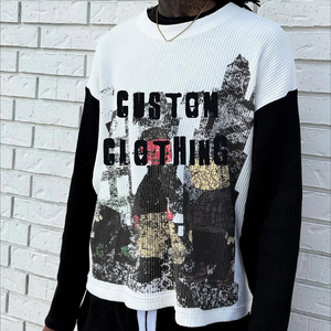Camiseta de Manga Larga para Hombre, Estilo Casual, Oversize, con Logotipo Personalizado, 100% Algodón, Tejido Waffle, Mangas en Contraste - Product Image 3