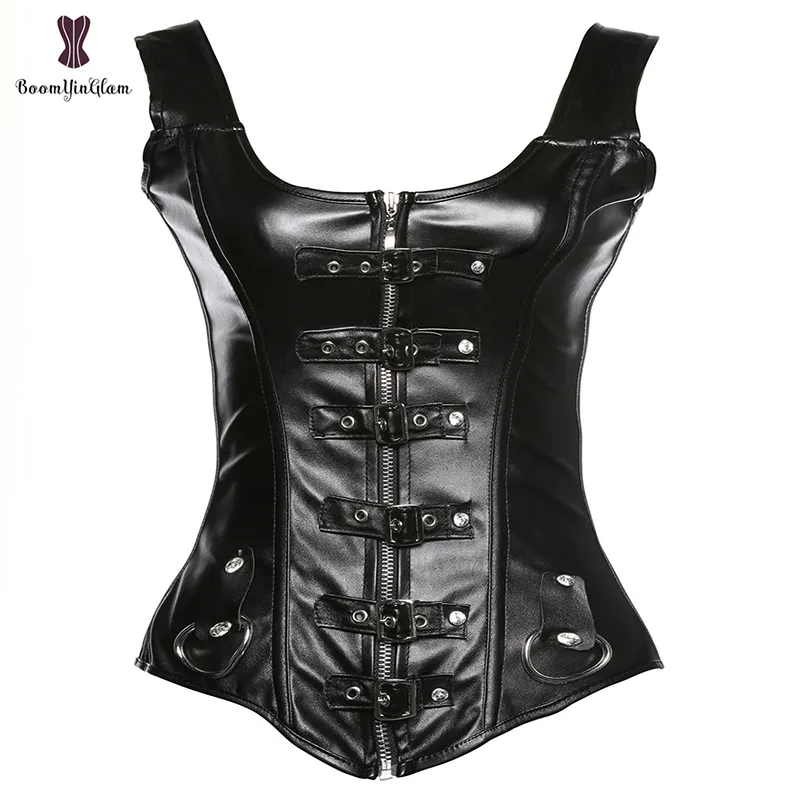 Nero Donna Steampunk Gotico del Corsetto Lungo di Grandi Dimensioni In Vinile di Cuoio Overbust Della Biancheria Sexy Superiore Più Bustier