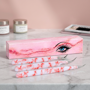 Eyelash Tweezers <b>Set</b> Stainless Steel Precision <b>Tools</b> for Eyelash Extension <b>Pink</b> Marble Design Box Packaging - Product Image 2