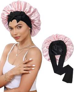 Gorro de Dormir de Satén Sedoso con Borde <span class=keywords><strong>Ancho</strong></span> y Lazo Largo, Gorro de <span class=keywords><strong>Doble</strong></span> Capa para el Cuidado del Cabello Rizado/Natural, Gorro para Dormir de HLC - Product Image 3