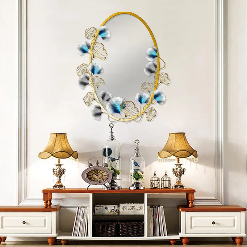 Hoge Kwaliteit Luxe Stijl Ovale Spiegel Met Blad Rand Voor Woonkamer Restaurant Home Decor Metalen Kunst Wandspiegel