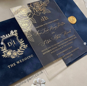 งานแต่งงานอะคริลิคฟอยล์สีทองลายดอกกุหลาบอ่อนโยนสำหรับเจ้าสาวสุดหรูพร้อมซองกำมะหยี่สีกรมท่า - Product Image 4