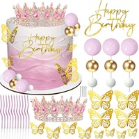 Décoration de gâteau Diadème en cristal rose doré, Papillon 3D creux, Bougie ondulée, Ornement de fête Princesse 16 ans, Distributeur