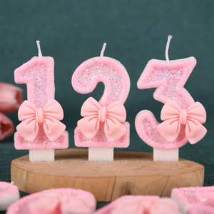 Cross-Border First Birthday Cake Decorating Supplies Handmade <strong>Pink</strong> Bow Number Birthday <strong>Candles</strong> 0-9 Paraffin Wax Material - Product Image 1
