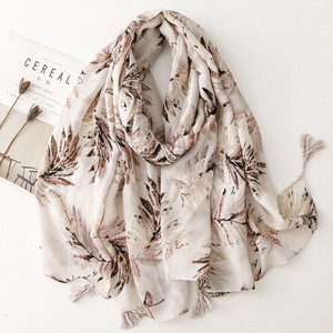 Beige Coffee Colored Printed Tassel Scarf French Lazy Style Shawl Retro <b>Leaf</b> Printed Scarves for Women - Product Image 1