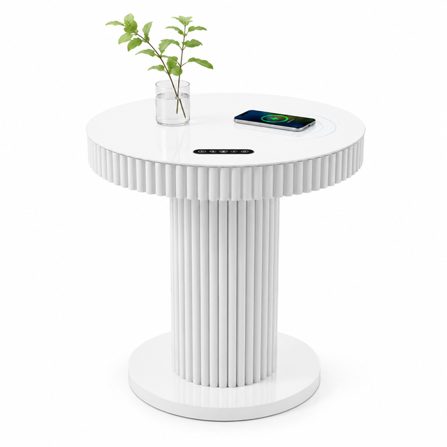 Smart Fluted Side Table With Touch Control Bluetooth Speaker Wireless Charging Modern Luxury End Table for Living Room Bedroom
