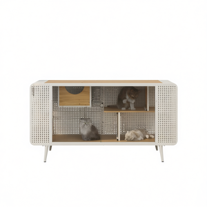 Maison pour chat blanche, 55,12 pouces, meuble moderne et spacieux pour animaux de compagnie pour salon, avec verre trempé et toit en bois - Product Image 1