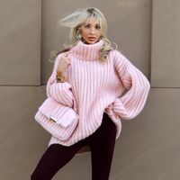 Pull-over col roulé en acrylique pour femme, couleur unie, tricoté, manches longues, motif personnalisé, chaud et décontracté