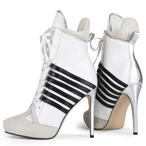 Sports Styles Women Stiletto Thin Heels Short Boots Big Size 47 Front Lace up Stripes Shoes Wide Fit <b>Ankle</b> Patchwork <b>Booties</b> - Product Image 4