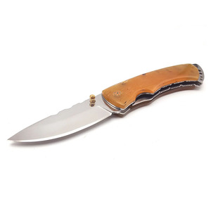 Navaja de bolsillo OEM de acero inoxidable de grado industrial con mango de madera, botón de apertura, punta de caída, hoja recta y gruesa para camping al aire libre - Product Image 4