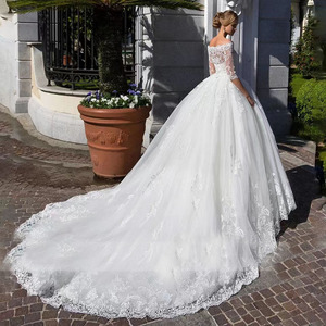 Off The Shoulder Ball Gown Wedding Dress White Lace Empire Waist Sweetheart Neckline Long Sleeve Vintage Style - Product Image 3