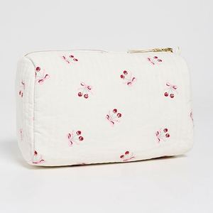 Pochette en coton matelassé blanc réutilisable personnalisée, broderie cerise, grande capacité, fermeture éclair, sac cosmétique portable écologique pour femmes - Product Image 5