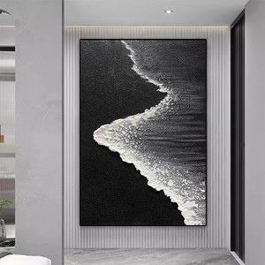 Hand Painted Oil <b>Painting</b> Waves Chasing Black White Textured Abstract Art Rectangle Metal <b>Frame</b> Entryway Living Room Wall Decor - Product Image 2