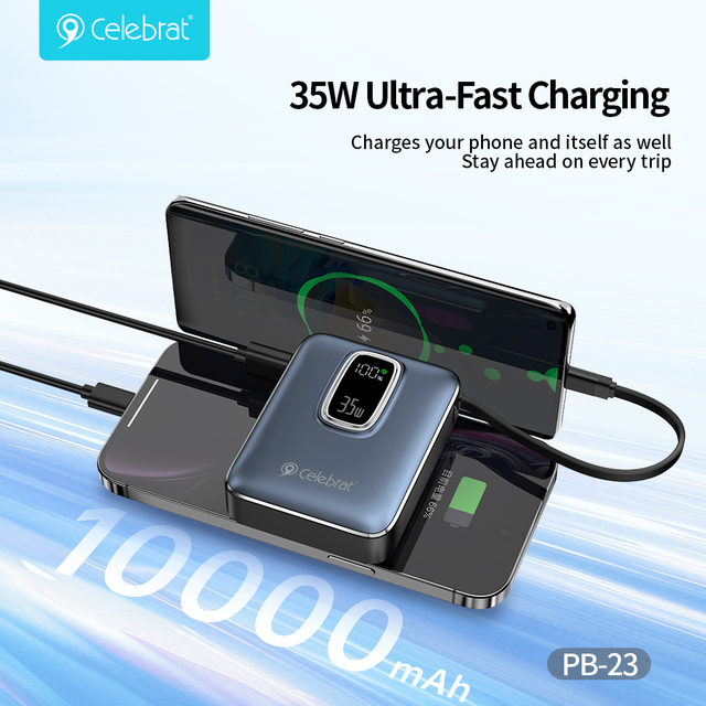 Wholesale 35W 10000mAh Portable Power Bank Built-in Type-C Cable 3-Port Fast Charging Wireless Charging Laptop Charger PB-23