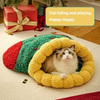 Lit pour animaux de compagnie sur le thème des fêtes, avec intérieur en peluche, coussin amovible, maison pour chats et chiens, décoration d'hiver, lit-nid de Noël pour chat
