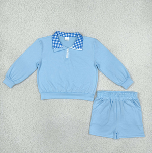 Conjunto de 2 piezas para niñas, conjunto de top con cuello a cuadros de manga larga y pantalones cortos - Product Image 3