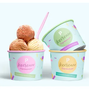 Wholesale cup 3oz-Wholesale 3oz - 32oz custom printed disposable PE coated ice cream packaging cup with lid