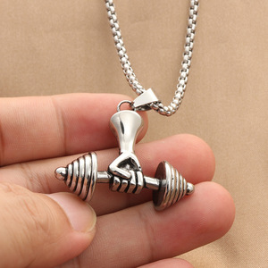 Stainless Steel <b>Dumbbell</b> Pendant Necklace Men's Fitness Jewelry Retro Punk Style Geometric Design Gift 280430 - Product Image 3