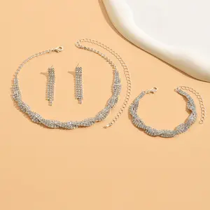 European and American Wedding Dress Women's Jewelry Bride Water Diamond Necklace Earrings Bracelet Three piece Set