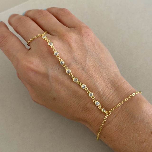 BD-D1457 Fashion Zircon Beaded Finger Hand Ring Bracelet Chain Bracelet Gold Plated Hand Ring Jewelry for Girl Women