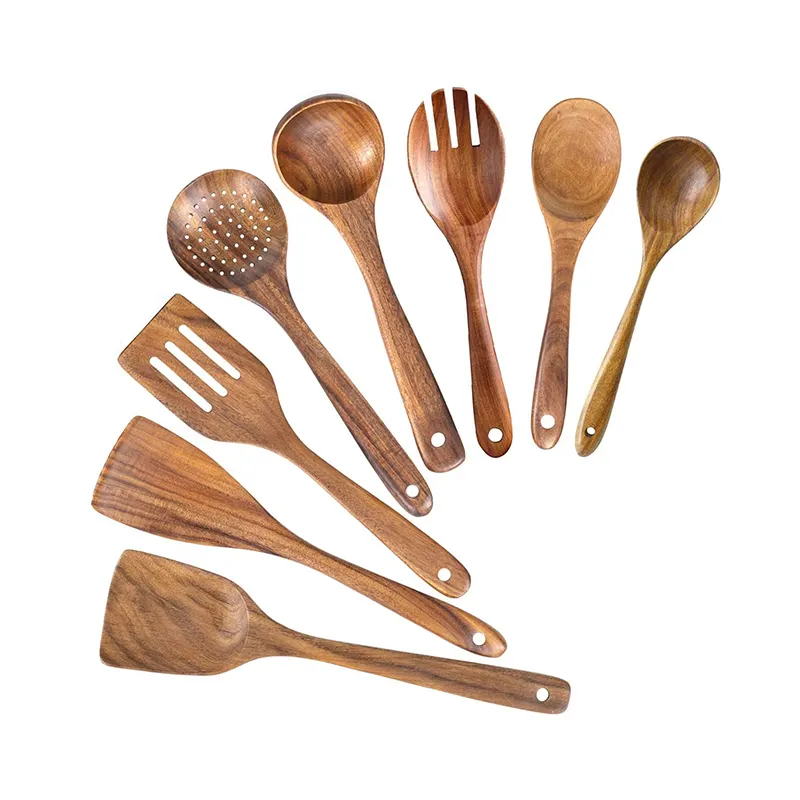 Natural Teak Nonstick Wooden Kitchen Utensil Set Wooden Spoons Spatula Slotted Spoons Strainer Cooking Tools Sets