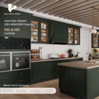 Meubles de cuisine modernes AIGE, armoires en MDF vertes de style français du milieu du siècle avec finition en bois naturel, ensemble complet personnalisé, îlot de cuisine