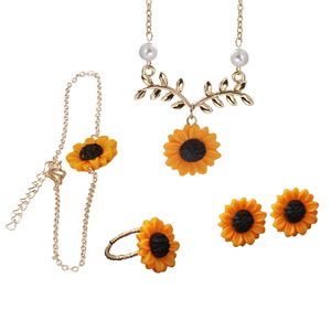 Mode Tournesol Collier Ensemble Tournesol Boucles D'oreilles Anneau <span class=keywords><strong>Bracelet</strong></span> Perle Collier quatre pièces Ensembles De Bijoux - Product Image 3