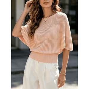 Suéter de manga corta con cuello de murciélago y canalé para mujer, color blanco - Product Image 3