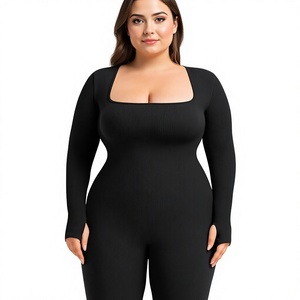 Best Women Seamless Ribbed Full Length <b>Bodysuit</b> <b>Square</b> <b>Neck</b> High Waist Plus Size Activewear Set Black Long Sleeve Stretchy Fit - Product Image 1