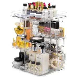 360 Degree Rotating Adjustable Clear Transparent Cosmetic Storage Display Case Makeup Organizer