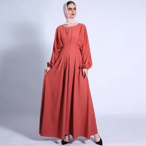 Nieuwe Etnische Lange Mouwen Wrap Taille Maxi Plisse Bruidsmeisje Hals Satijn Moslim Jurk