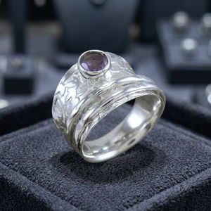 Bague de méditation en améthyste fine, en argent sterling 925, sertie clos, style classique, bague tournante de mariage, bijou - Product Image 3