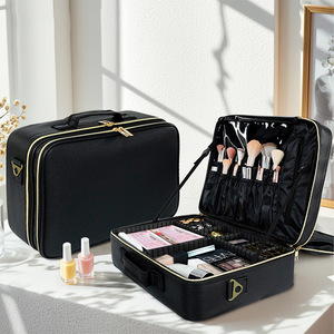 <b>Professional</b> <b>Makeup</b> <b>Bag</b> Double Layer Cosmetic Case With Zipper Closure Portable Beauty Organizer For Everyday Use Black - Product Image 2
