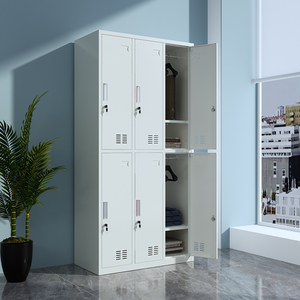 Armoire de rangement en acier blanc verrouillable avec 6 portes, étagères, barre de suspension et design ventilé pour usage en entrepôt - Product Image 1