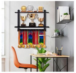 CREATCABIN Porte Médailles Course Étagère Pour Trophées Sport Avec 12 Crochet Support Métal Pour Médailles Marathon Pour Montage Mural Support Pour 60 Médailles Et Plus 40x20x10cm Continuez à Courir