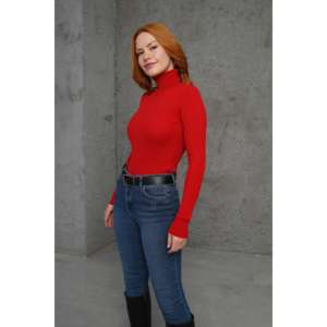 Cárdigan de Punto Delgado con Cuello Alto Rojo para Mujer, Detalle Acanalado, Logotipo Frontal, Estampado Casual con Botones para Otoño/Invierno - Product Image 4