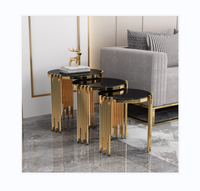 Ensemble de tables rondes en acier inoxydable doré de luxe léger, trois tailles différentes, verre trempé, petite table basse décorative