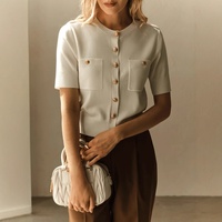 Vente directe usine – Nouvelle chemise/chemisier élégant en viscose tricotée anti-boulochage, col rond uni, boutons décoratifs, style décontracté automne