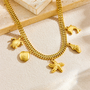 Ocean Series Gold Plated Stainless Steel <b>Necklace</b> With Starfish Turtle Dolphin Charms <b>Beach</b> Style Pendant Chain Jewelry - Product Image 1
