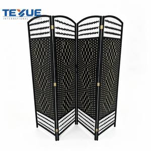 Black Modern Paper Rope Rattan Natural Fiber Translucent Room Divider Handwoven 4 Folding Screen Arched Top Decorative - Product Image 1